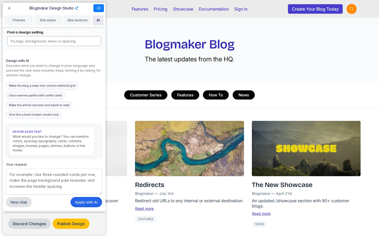 Design with AI panel beside a live Blogmaker blog preview