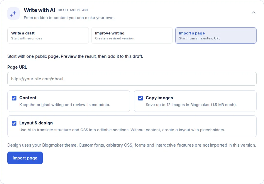 Import a page panel with content, image, and layout controls