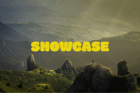 Showcase title over scenic mountain landscape with lone person standing on rocky peak at sunset