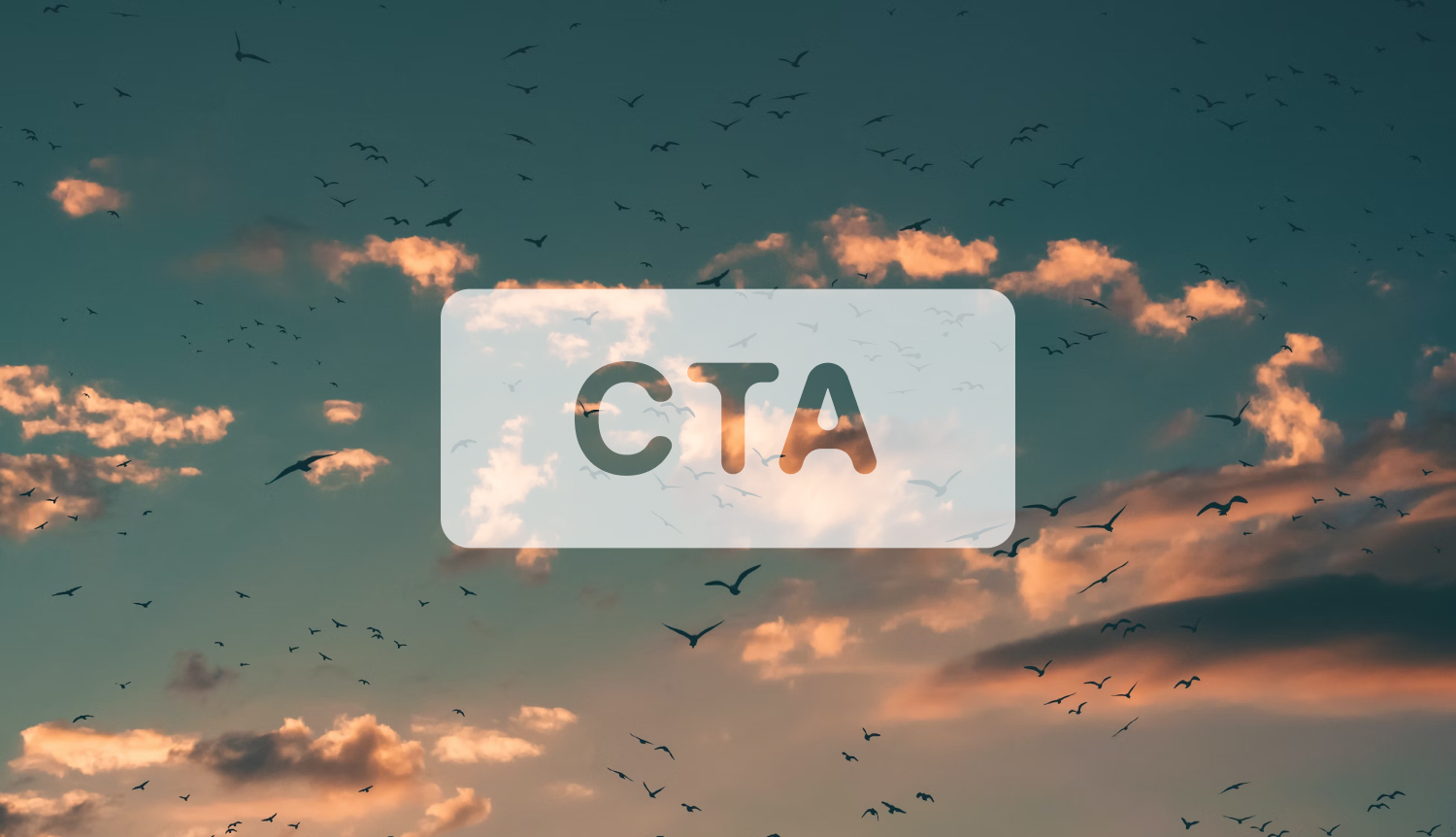 A flock of birds flying at sunset with a translucent overlay in the center displaying the text 'CTA' against a backdrop of clouds and a gradient sky.