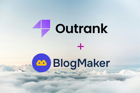 Logo of Outrank (purple geometric shape with “Outrank” text) above a plus sign, paired with the BlogMaker logo (blue circle with yellow crown and “BlogMaker” text) against a background of clouds and mountaintops under a pastel sky.