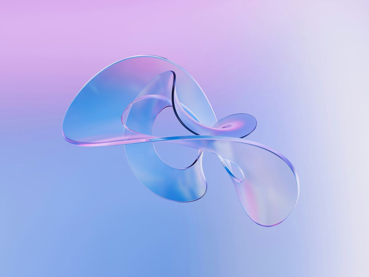 A smooth, translucent 3D ribbon-like sculpture with flowing curves rendered in shades of blue, violet, and pink, floating against a soft gradient background that transitions from pastel blue to purple. The abstract form gives a sense of fluid motion and light reflection.