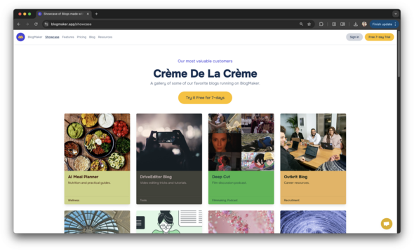 Screenshot of the BlogMaker “Showcase” page titled Crème De La Crème, featuring a gallery of customer blogs displayed in colorful cards. Each card includes a blog image, name, and short description such as “AI Meal Planner – Nutrition and practical guides” or “Deep Cut – Film discussion podcast.” A yellow button in the center reads “Try it Free for 7-days.” The header menu includes links like Showcase, Features, Pricing, Blog, and Resources, with Sign in and Free 7-day Trial buttons on the top r