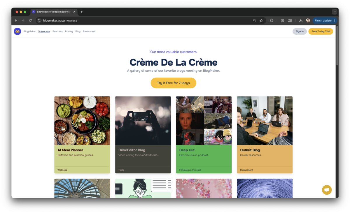 Screenshot of the BlogMaker “Showcase” page titled Crème De La Crème, featuring a gallery of customer blogs displayed in colorful cards. Each card includes a blog image, name, and short description such as “AI Meal Planner – Nutrition and practical guides” or “Deep Cut – Film discussion podcast.” A yellow button in the center reads “Try it Free for 7-days.” The header menu includes links like Showcase, Features, Pricing, Blog, and Resources, with Sign in and Free 7-day Trial buttons on the top r