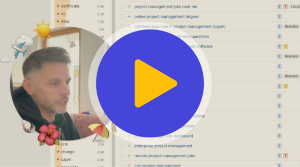 Close-up of a man speaking on camera in a circular video frame with a large play button overlay, set against an Ahrefs keyword research interface showing project management related search terms and volumes.