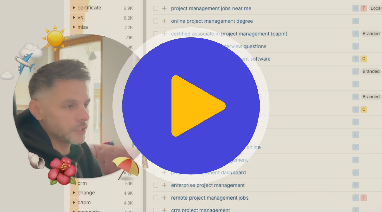 Close-up of a man speaking on camera in a circular video frame with a large play button overlay, set against an Ahrefs keyword research interface showing project management related search terms and volumes.
