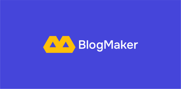 BlogMaker logo featuring a yellow, stylized crown symbol beside the text BlogMaker in white, set against a solid purplish blue background.