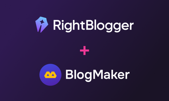 Logos of RightBlogger and BlogMaker displayed on a dark gradient background, with a pink plus sign between them to show integration.
