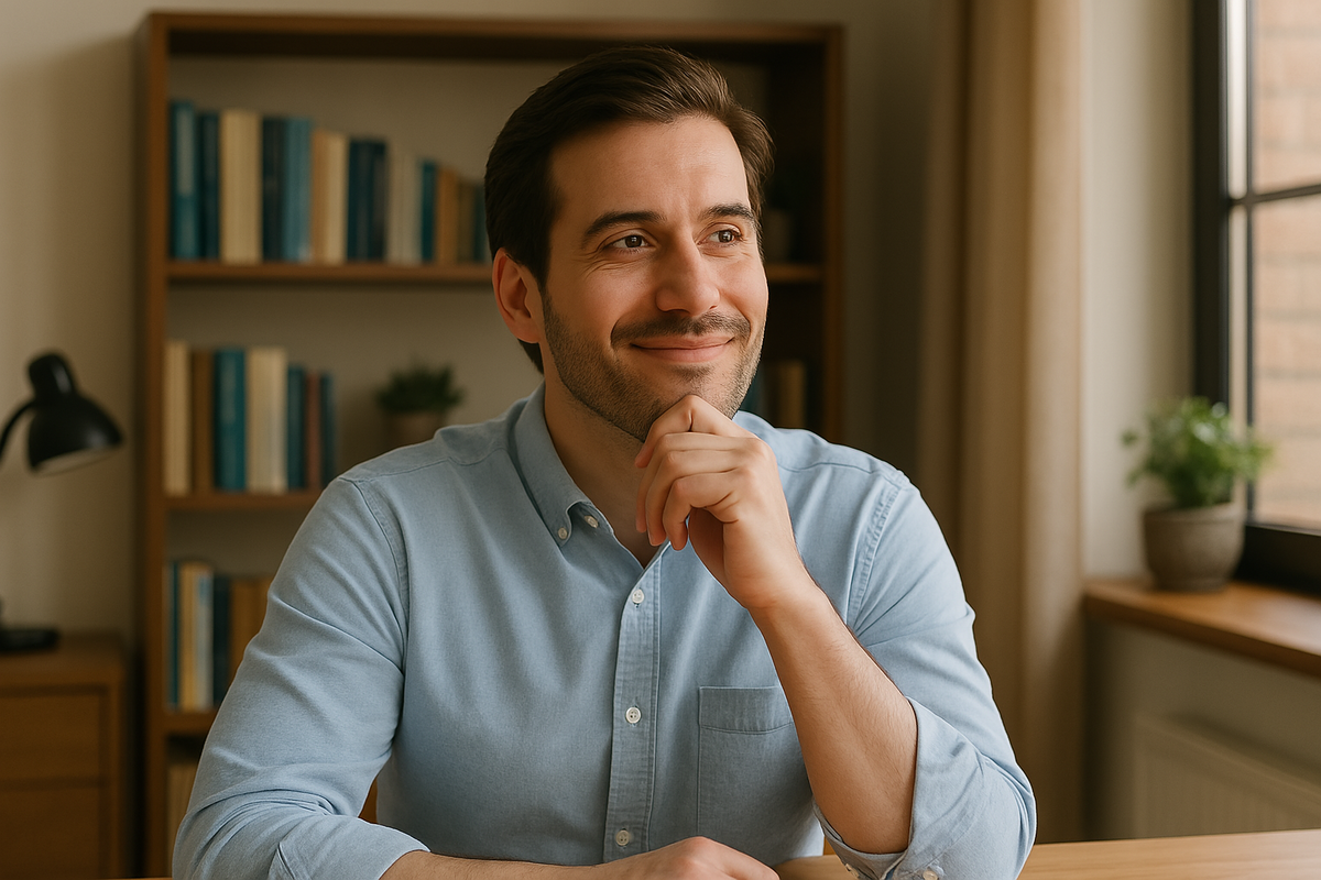 A professional man in his 30s smiling thoughtfully while sitting at a desk in a cozy home office, with bookshelves and a sunlit window in the background.