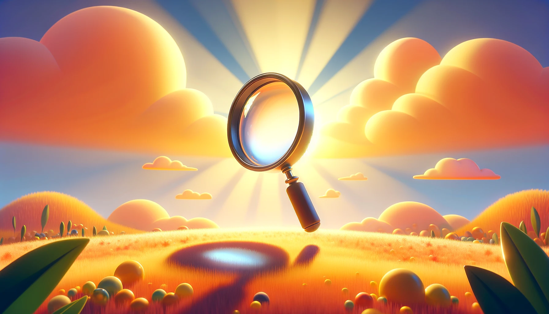 A whimsical Pixar-style 3D magnifying glass floating against a serene morning sky, bathed in the soft glow of sunrise colors, evoking the fresh and optimistic start of a new day
