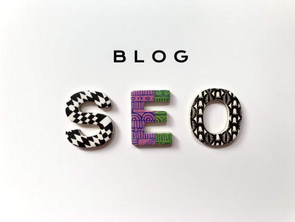 Colorful patterned wooden letters spelling “SEO” arranged below the word “BLOG” on a white background.